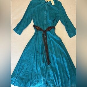 Vintage Coldwater Creek Turquoise Teal Fit Flare Dress W Slip Dress S 12 NWT